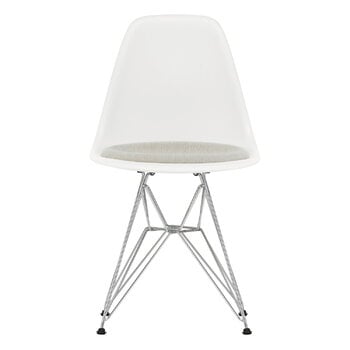 Vitra Eames DSR chair, cotton white RE-chrome-warm grey/ivory cushion, product image